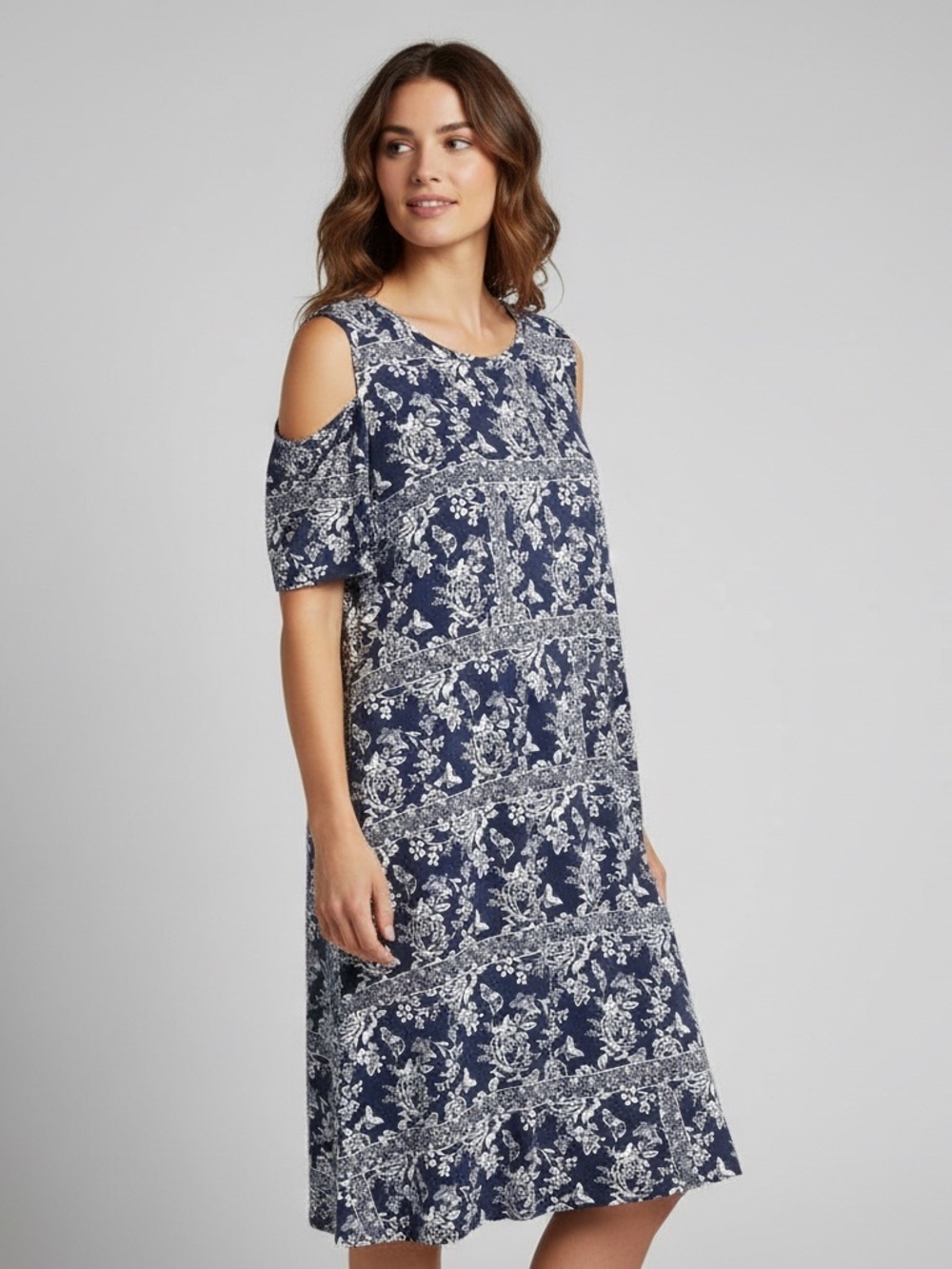 Woman Within Navy & White Cold-Shoulder Floral Dress